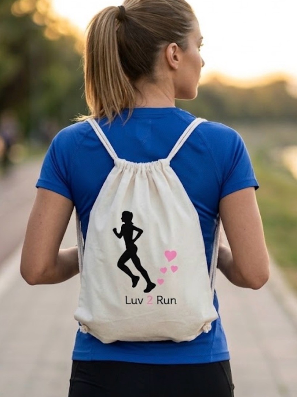 Luv 2 Run Drawstring Backpack Canvas Cinch Sack Runner Silhouette Pink Hearts